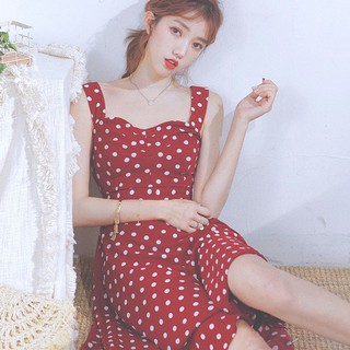 Váy maxi chấm bi hở lưng eo màu vàng - đỏ 0241