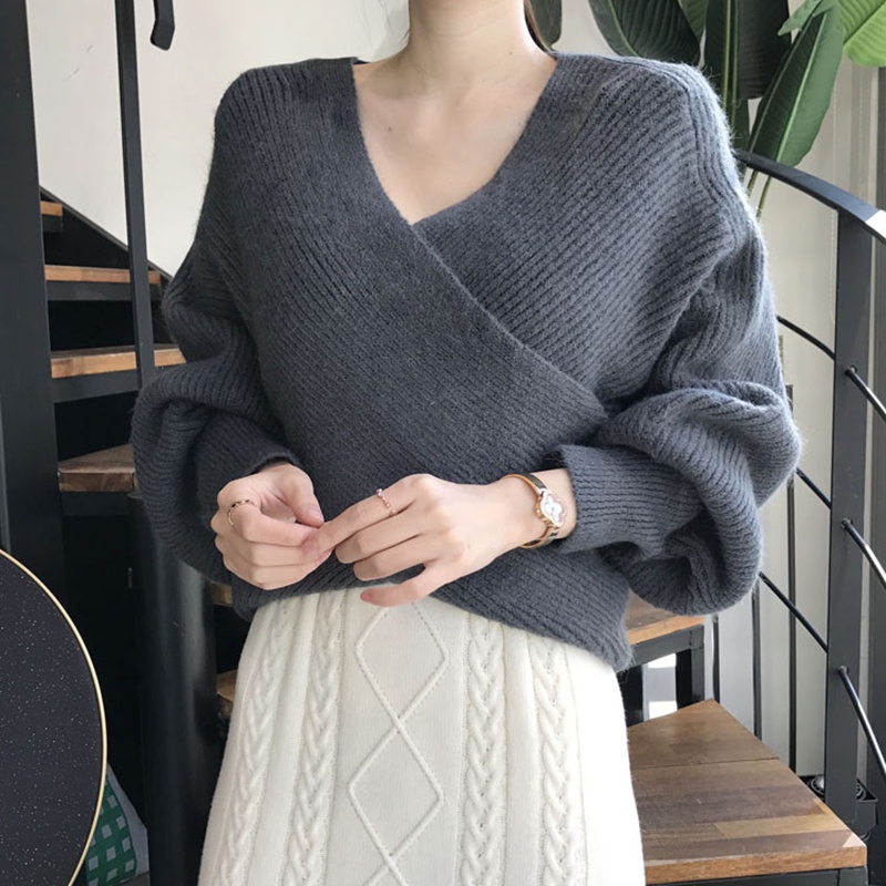 Áo sweater SUXI tay dài cổ chữ V dáng rộng phong cách Hàn Quốc