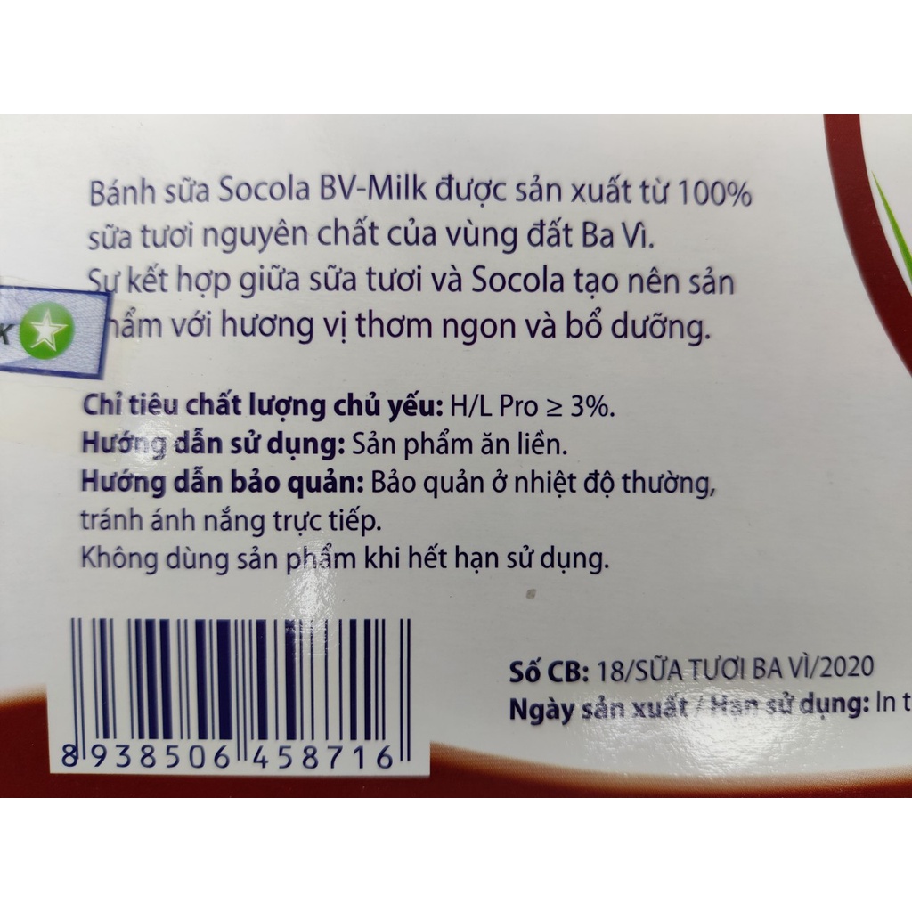 Bánh Sữa Nguyên Chất Socola Nhạt Ít Đường Hiệu BVMILK Đặc Sản Ba Vì - Hộp 180g