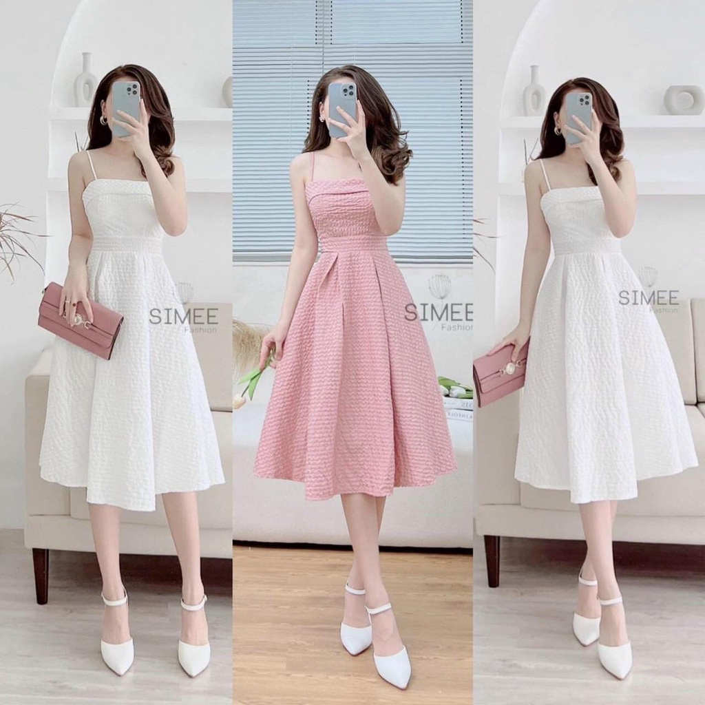 Đầm Váy Nữ Chất Xốp Gạo Dập Dáng Xoè 2 Dây Xếp Ly 2 Lớp ( Có Mút Ngực ) Thiết Kế Sang Chảnh Đi Làm Công Sở, Đi Tiệc