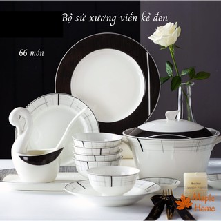 Bộ bát đĩa, bộ bát sứ xương cao cấp - màu trắng viền kẻ đen cách điệu - quà tân gia sang trọng
