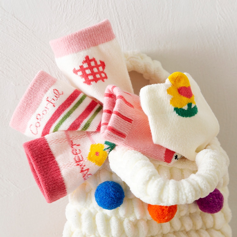 Set 5 Đôi Vớ Cotton Kẻ Sọc / Hoa Nhỏ Hoạt Hình Thoải Mái Chất Lượng Cao Cho Bé Trai Bé Gái 1-12 Tuổi