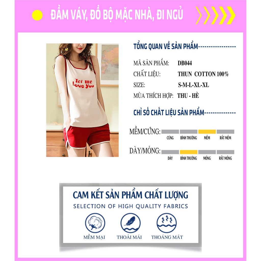 DB044 - Đồ bộ mặc nhà thun cotton có thể làm đồ đi chơi, đồ đi ngủ, Bộ đồ thun nữ ba lỗ mùa hè. Thời trang Macmot