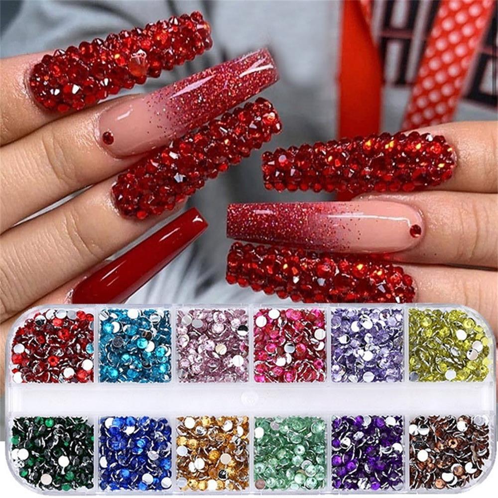 Okdeals 12 Ngăn Phẳng Trở Lại|Kim Tuyến Lấp Lánh Trang Trí Móng Acrylic 3D Cao Cấp|Móng Tay Giả