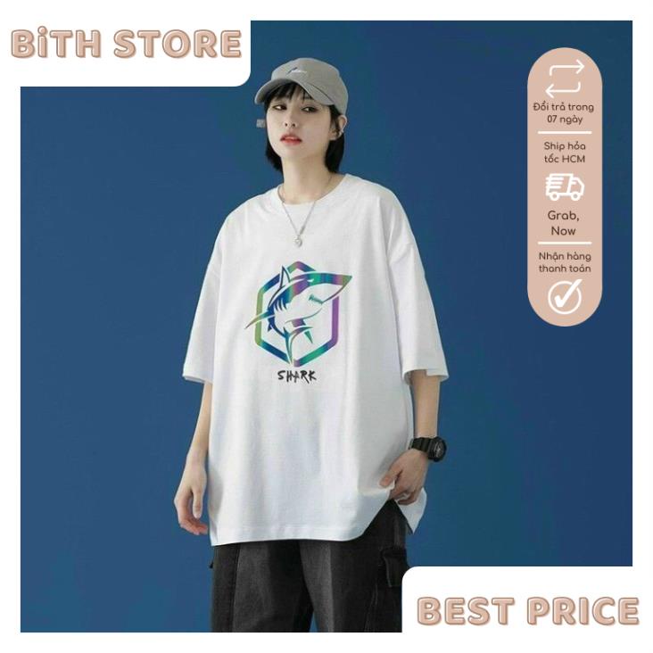 Áo thun cổ tròn form rộng tay lỡ unisex in hình cá mập SHARK phản quang cực ngầu
