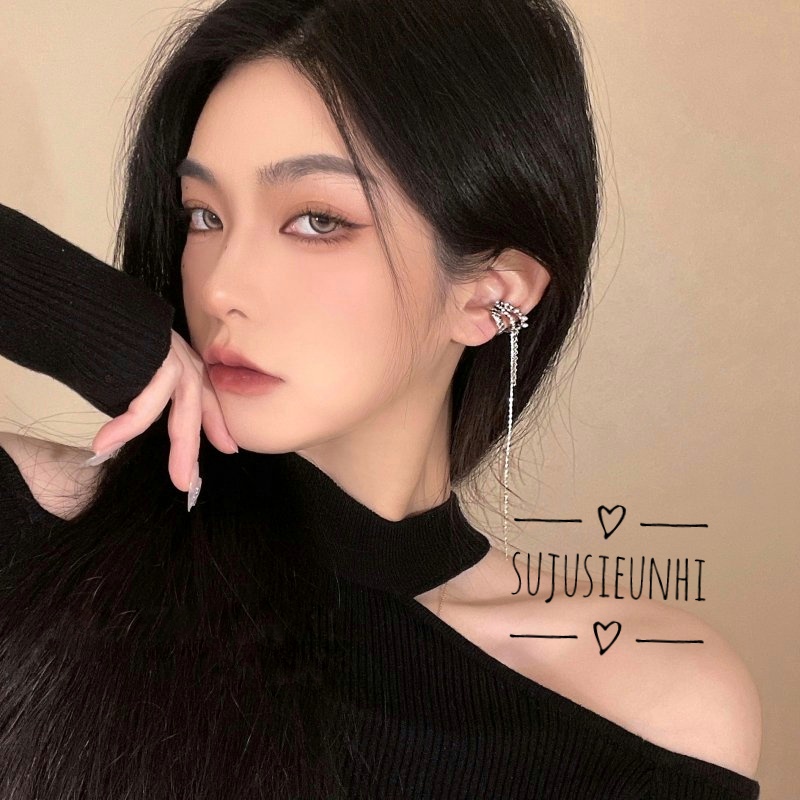 CÓ VIDEO (KHÔNG XỎ) Khuyên tai 3 lớp kẹp vành đính ngọc nhân tạo tua rua thả dài đeo 1 bên duyên dáng