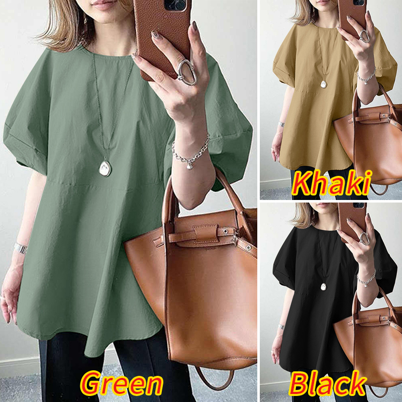 Áo Kiểu ZANZEA Tay Phồng Cổ Tròn Dáng Rộng Thời Trang Cho Nữ