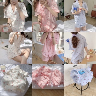 Set đồ ngủ ngắn tay thiết kế kiểu cổ lá sen, in hình cherry nhí siêu dễ thương S024