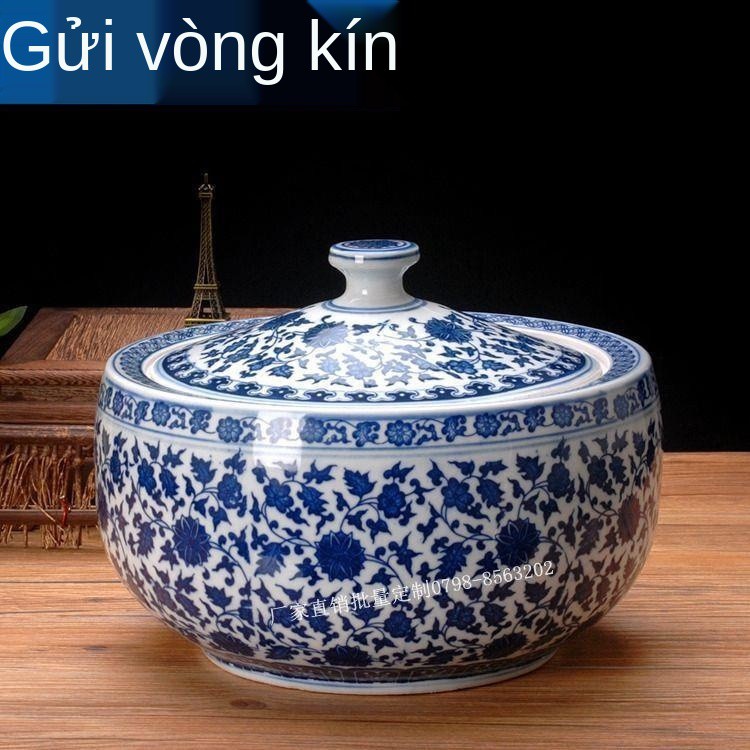 Màu xanh lam chính hãng Jingdezhen và Thùng chứa bằng gốm sứ trắng đựng rượu gạo kín hũ mỡ gia đình trà Caddy