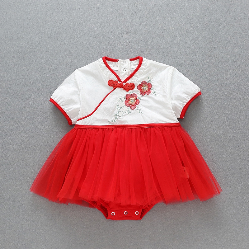 Baby Girls Chinese Hanfu Dress Romper Newborn Flower Embroidery Summer Clothes