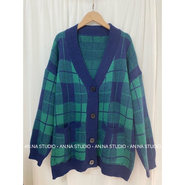 Áo khoác len Cardigan hoạ tiết kẻ ô form rộng dáng xuông
