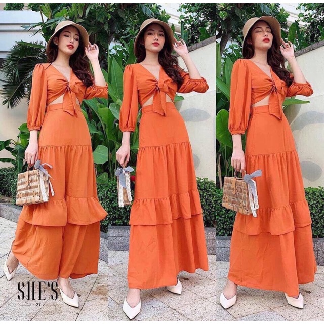 Sét đầm dài áo buộc nơ