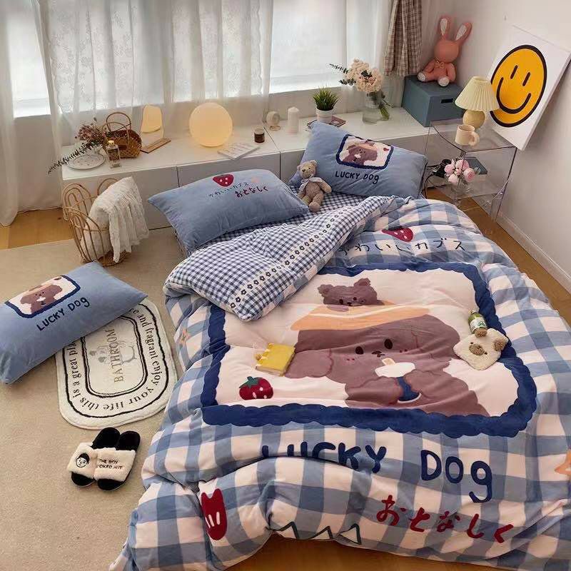 Trọn bộ 4 món chăn ga gối nỉ nhung mịn hàng nhập khẩu dày đẹp