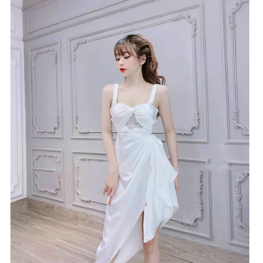 Đầm Nữ 2 Dây Xoắn Ngực Nhún Eo Phối Ren Sang Trọng ( Có Mút Ngực ) Màu Đen Trắng Dự Tiệc Thời Trang - Winchois | BigBuy360 - bigbuy360.vn