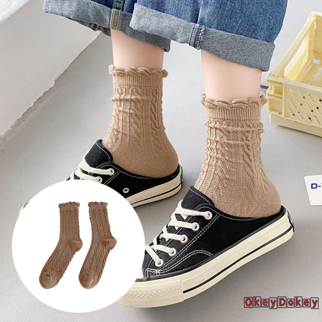 Tất cotton ống cao trung bình phối ren thấm hút mồ hôi thời trang thu đông cho nữ