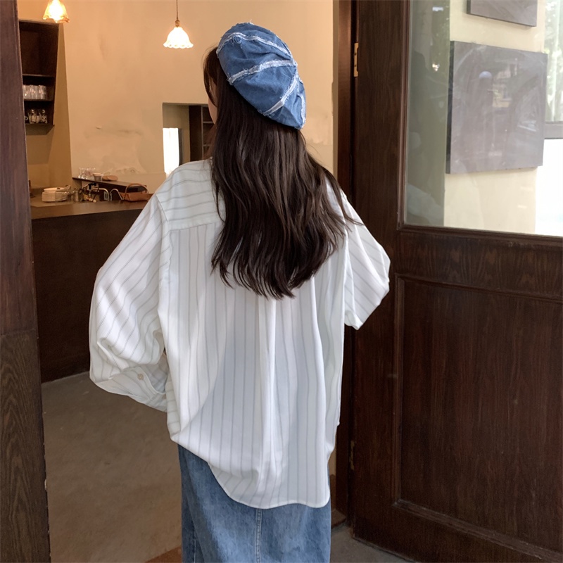 【ZHELIHANGFEI】Áo Sơ Mi Tay Dài Form Rộng Họa Tiết Sọc Theo Phong Cách Nhật Bản Dễ Phối Đồ