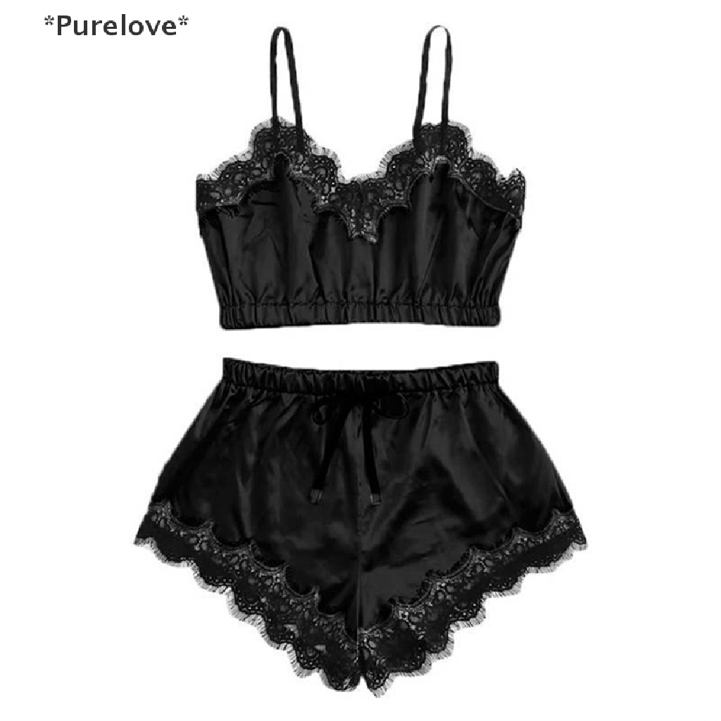 Bộ Đồ Ngủ Áo Hai Dây Phối Ren + Quần Short Vải Satin Quyến Rũ Cho Nữ