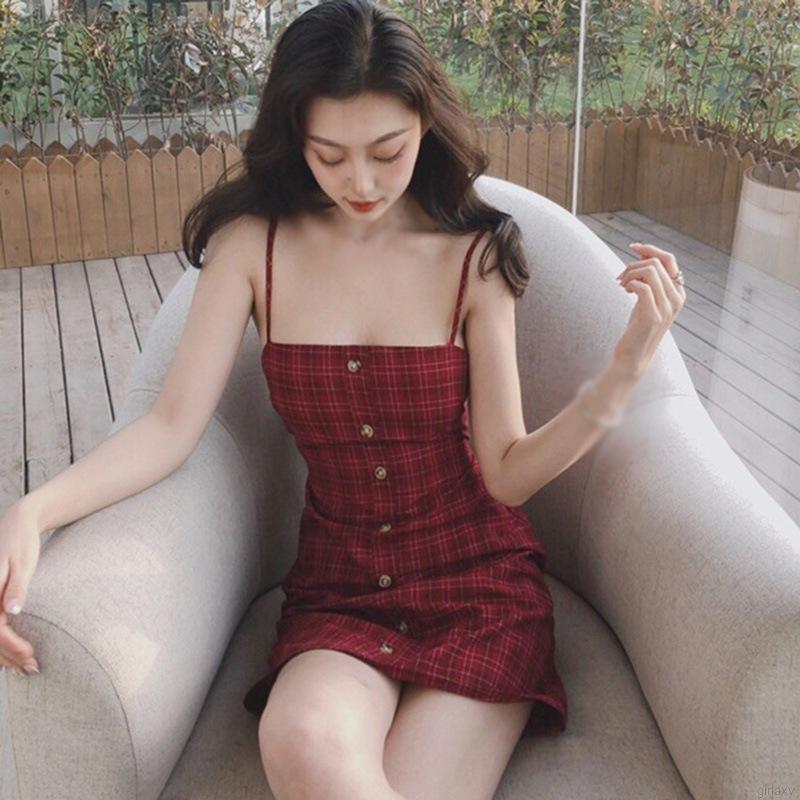 Đầm Ôm Hai Dây Hoạ Tiết Sọc Ca-rô Phong Cách Hàn Quốc Dễ Thương