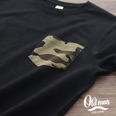 Áo Thun Nam Có Túi Camo OLDMAN, Áo Thun Vintage Nam Cổ Tròn, Tay Đùi Ngắn, 265g Cotton, Basic, Cổ Điển, Co Giãn