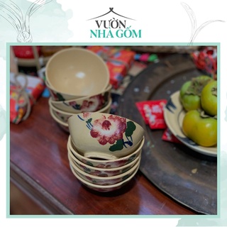 Set 10 chén cơm vẽ hoạ tiết bông nâu, Chén cơm xưa gốm nam bộ- Vườn nhà Gốm