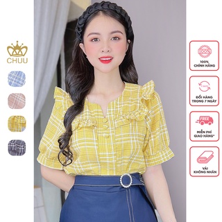 Áo sơ mi nữ họa tiết caro kiểu viền bèo ngực CHUU A8059