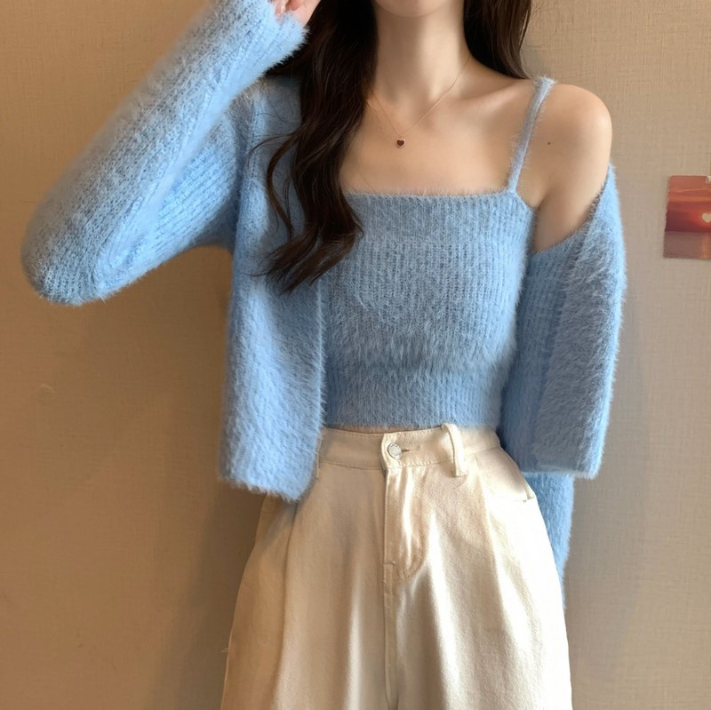 55938 Sling Dệt Kim Mềm + Áo Len Cardigan Hai Mảnh