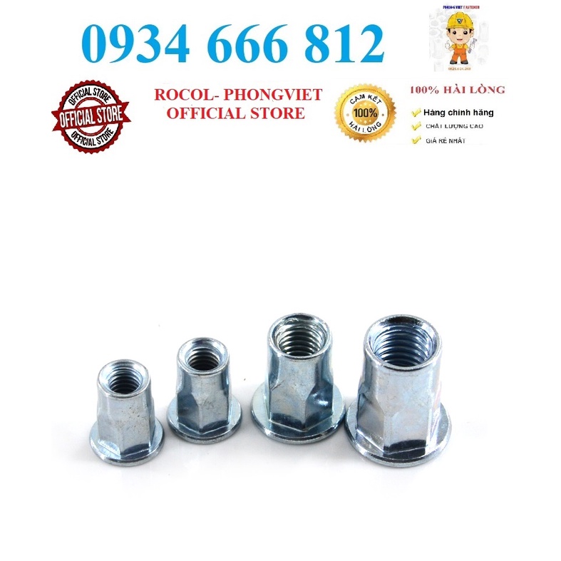 Combo 50c Ốc tán rút nửa lục M10 thép mạ