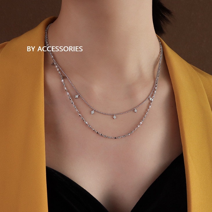 Vòng cổ titan 2 xích 2 tầng phối mặt hình thoi li ti không gỉ WNS19