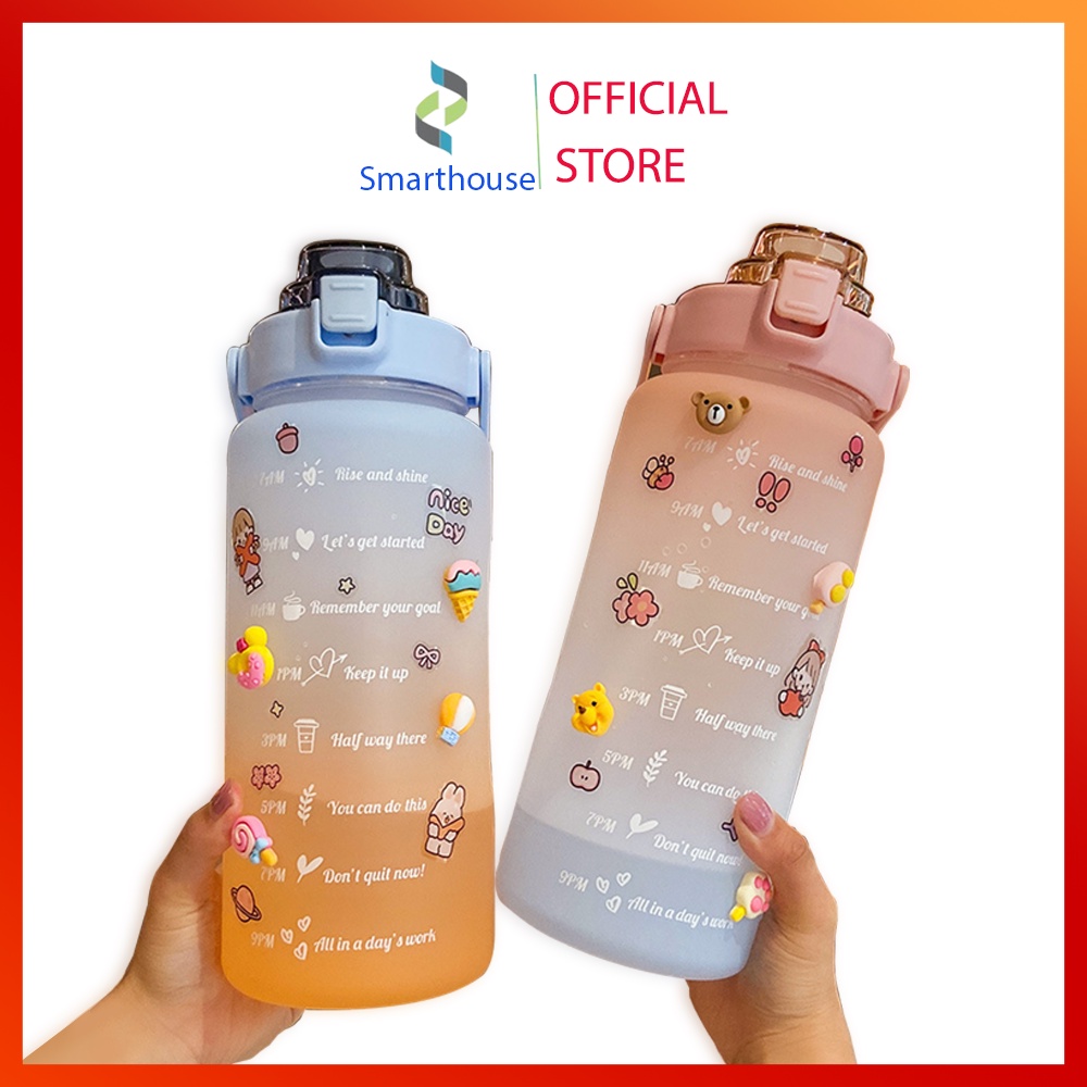 Bình Đựng Nước 2L Dễ Thương Có Vạch Báo Giờ Uống Nước, tặng kèm sticker dành cho người lười uống nước