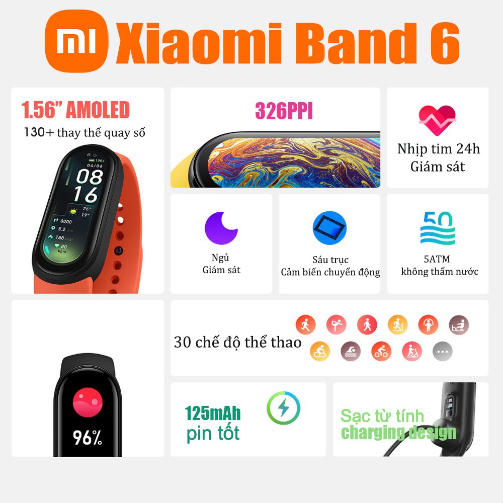 Vòng tay theo dõi sức khoẻ Xiaomi Mi Band 6 Quốc tế Theo dõi nồng độ Oxy trong máu SPO2 Đồng Hồ Mi Band 5