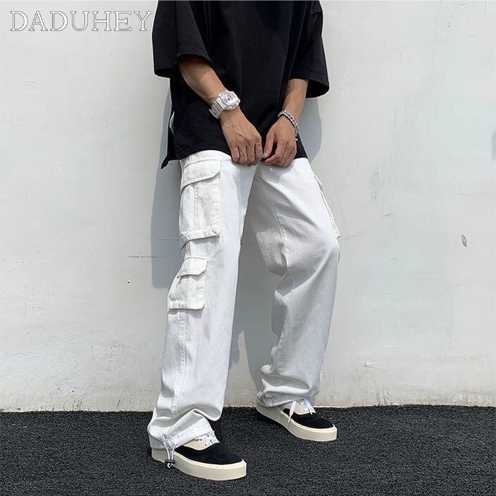 DaDuHey Men's American Retro High Street Pants Cool Oversize Draping Multi-Pocket Cargo Pants