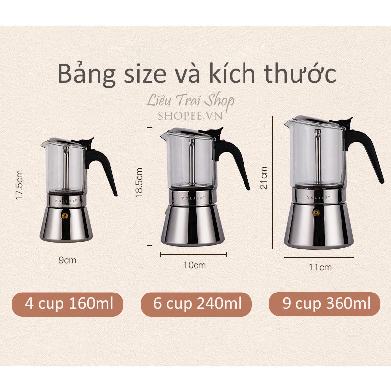 Ấm Moka pot pha cafe thủy tinh đun bếp từ cao cấp inox 304 pha cà phê espresso phong cách Ý