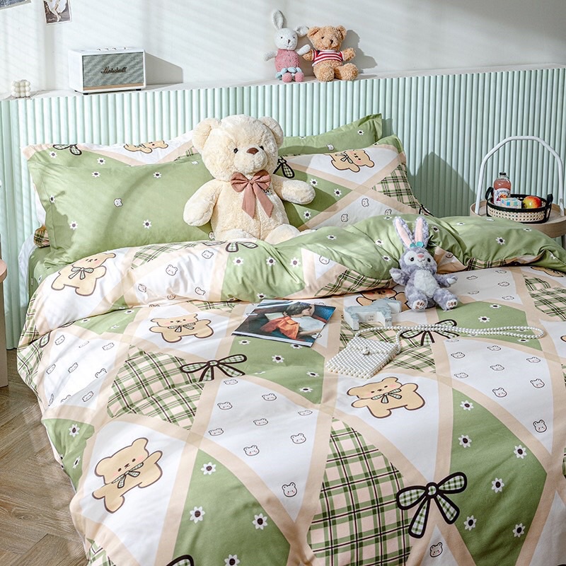 Bộ chăn ga Cotton Poly Boss Decorkẻ xanh vàng, vỏ chăn mền, drap giường và 2 vỏ gối
