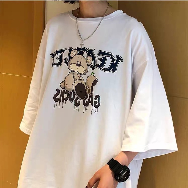 Áo thun tay lỡ nam nữ, áo phông unisex form rộng chất cotton in hình gấu be