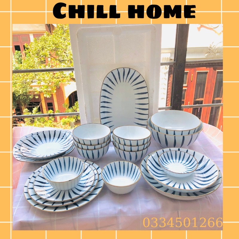 Bộ bát đĩa sứ  Bát Tràng 14 chi tiết,men dày dặn sáng bóng,set chén dĩa đẹp,bát decor bàn ăn cao cấp mã B88