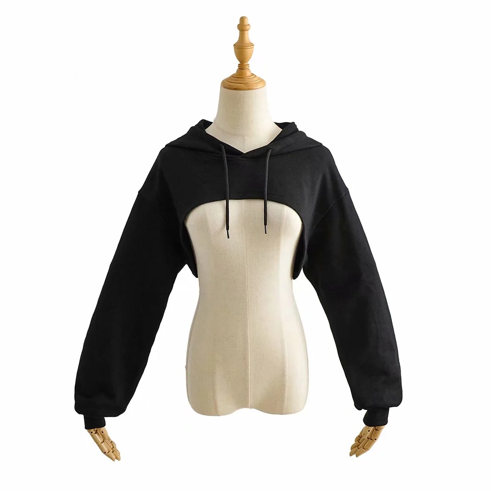 Áo Hoodie Siêu Ngắn Thể Thao Dây Rút Tay Dài Màu Trơn Cho Nữ