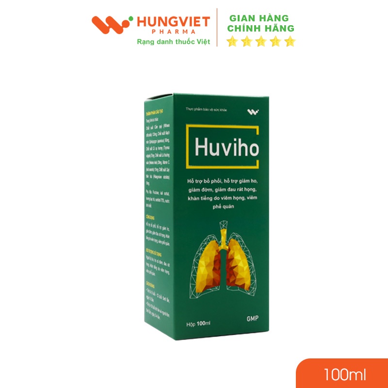 Siro ho Huviho - Hỗ trợ bổ phổi, giảm ho, giảm đờm, giảm đau rát họng do viêm họng, viêm phế quản HungViet Pharma 100ml