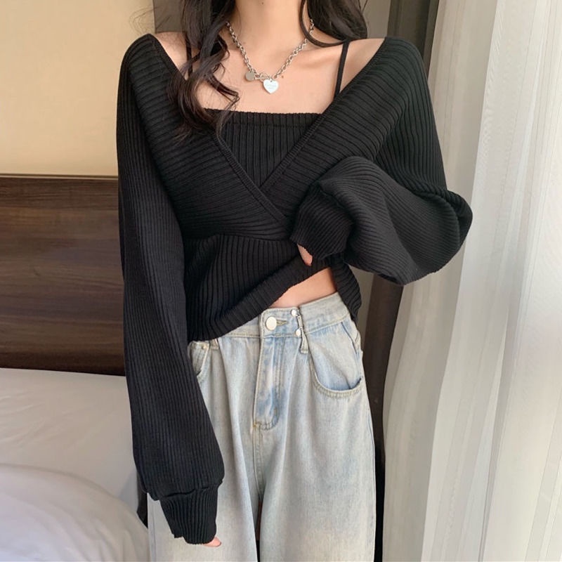 Áo sweater trễ vai tay dài màu trơn thời trang xuân thu gợi cảm phong cách cho nữ