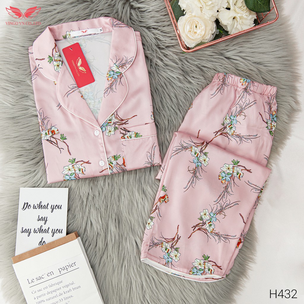 Bộ Pyjama Mặc Nhà Nữ VINGO Lụa Pháp Cao Cấp Tay Cộc Quần Lửng Họa Tiết Cành Hoa Tinh Tế Thanh Lịch H432 VNGO - TCQL | BigBuy360 - bigbuy360.vn
