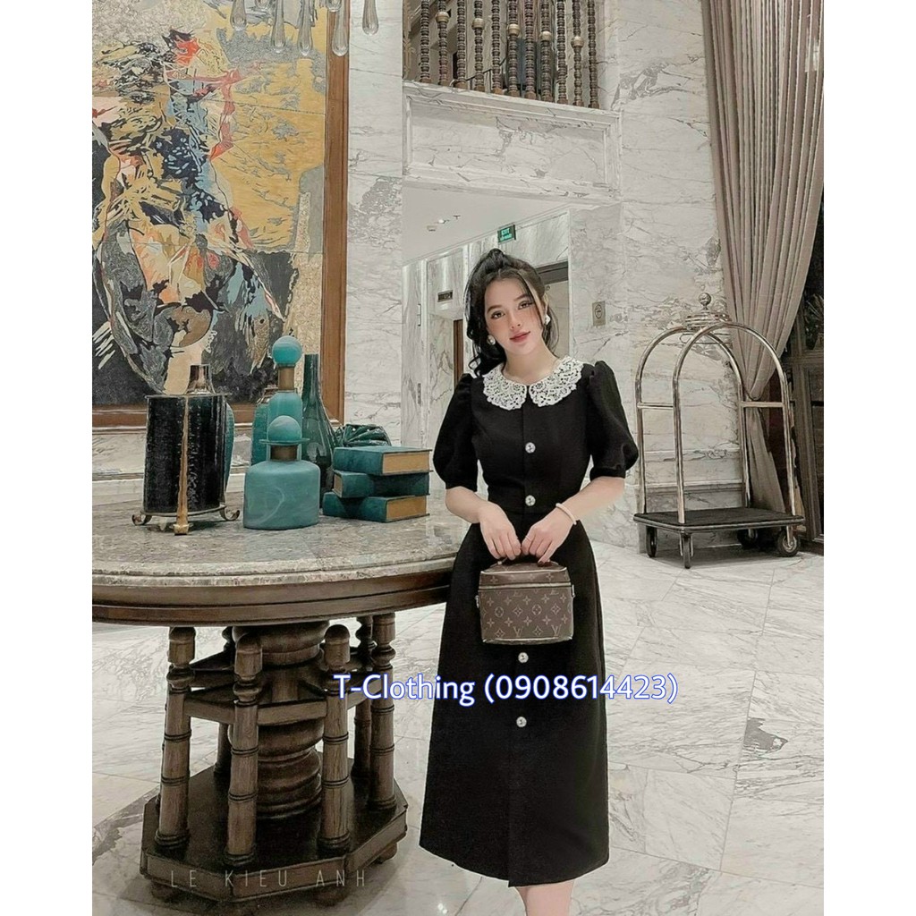 Đầm đen cổ ren vintage tiểu thư form suông dài