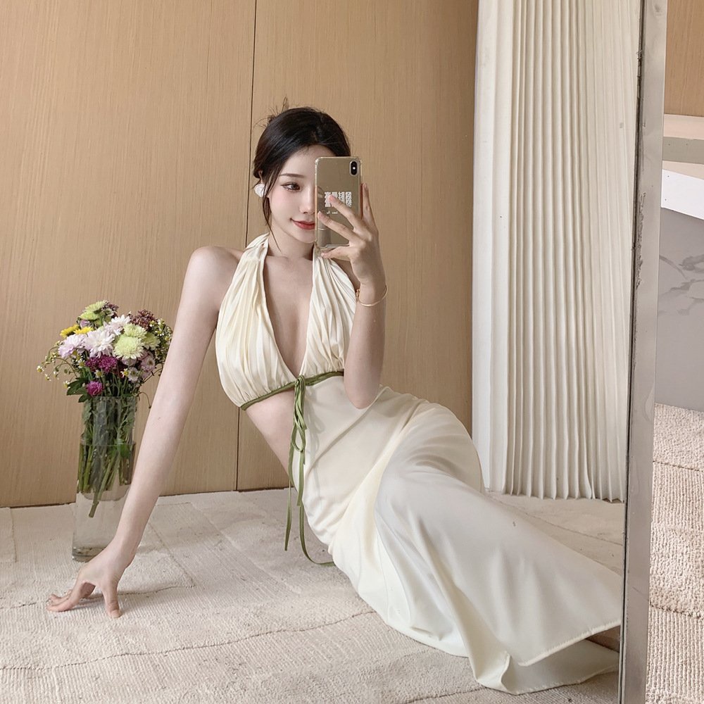 Váy LUHAZO Maxi đi biển sexy body dự tiệc  dáng dài xòe hở lưng cổ yếm Hàn Quốc sang chảnh thời Trang 1949 DK1T