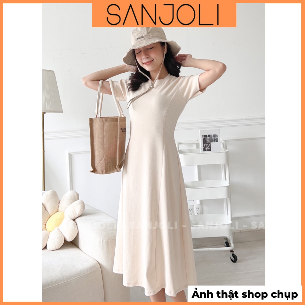 Đầm Len Maxi Nữ SANJOLI Váy Body Váy Dự Tiệc Len Tay Ngắn Dệt Kim Thiết Kế Hàn Quốc Cổ tròn Basic Hai Màu Đen Kem VD014