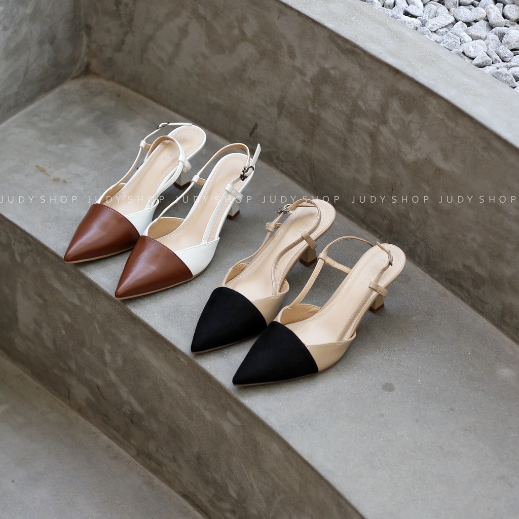 Giày Sandal Gót Bít CAPELLA Mũi Nhọn Da Mềm Phối Cao 7p VNXK