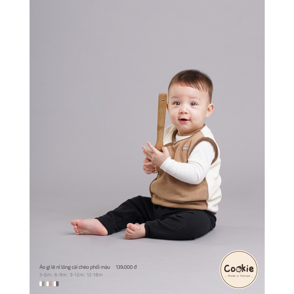 Cookie - Áo gile nỉ lông cài lệch phối màu cho bé trai, bé gái từ 3 tháng đến 18 tháng