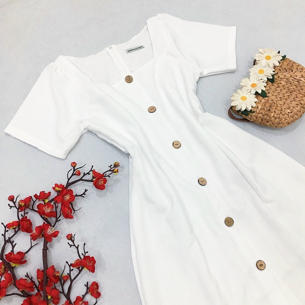 Đầm váy freesize cổ U nút dừa 2 màu