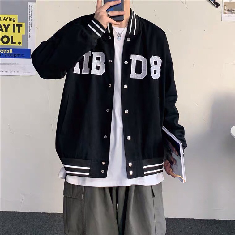 Áo khoác bomber jacket Kaki 2 lớp dày dặn - Áo bóng chày HH-08 form rộng phối chữ Ulzzang nam nữ đều mặc được - Hàng mới
