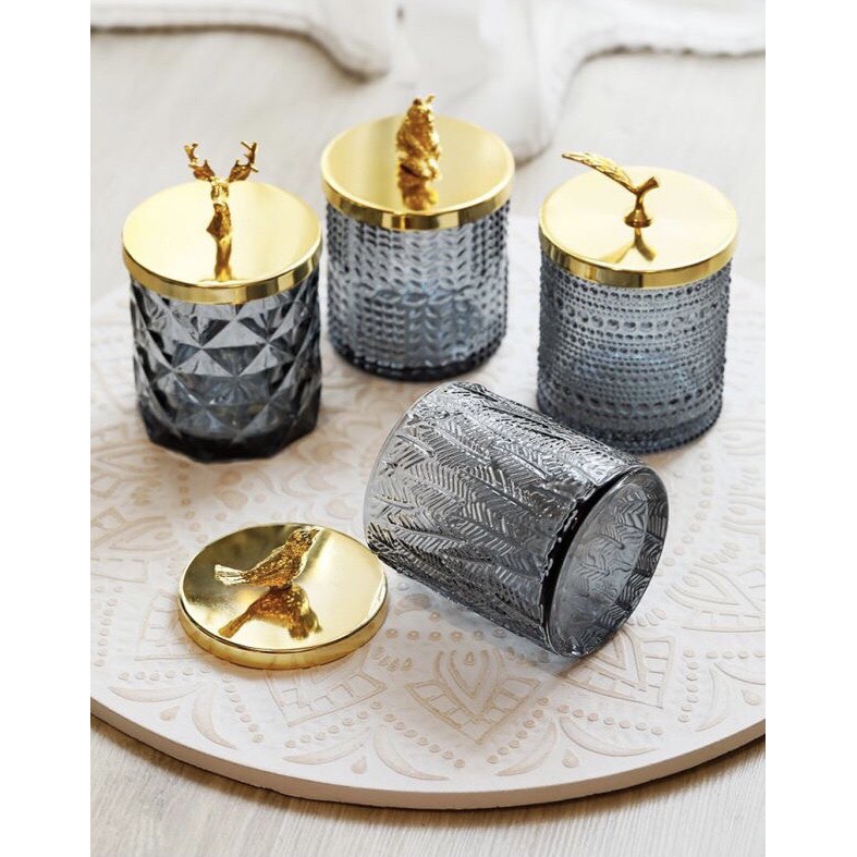 Hũ thủy tinh xám lạ để tăm, tăm bông,bày kẹo, đồ decor, nắp vàng nhiều lựa chọn