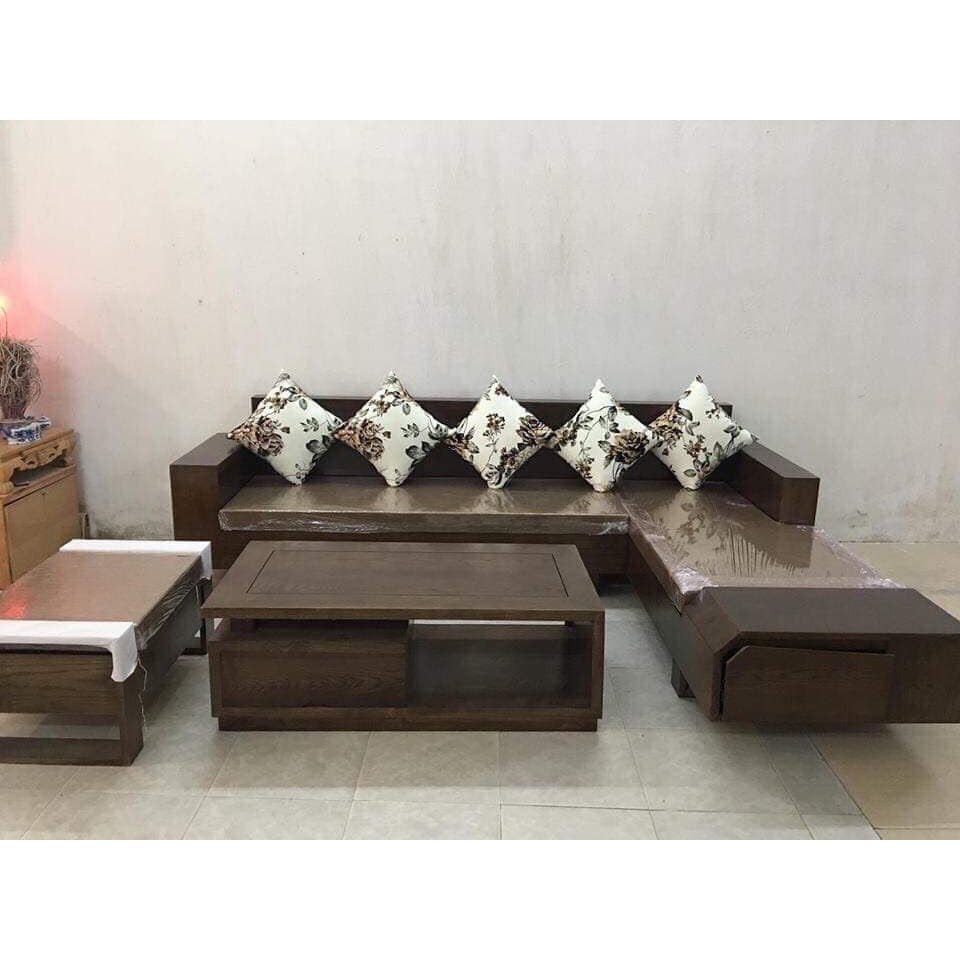 Sofa gỗ sồi góc chữ L sơn màu óc chó TPG - 20