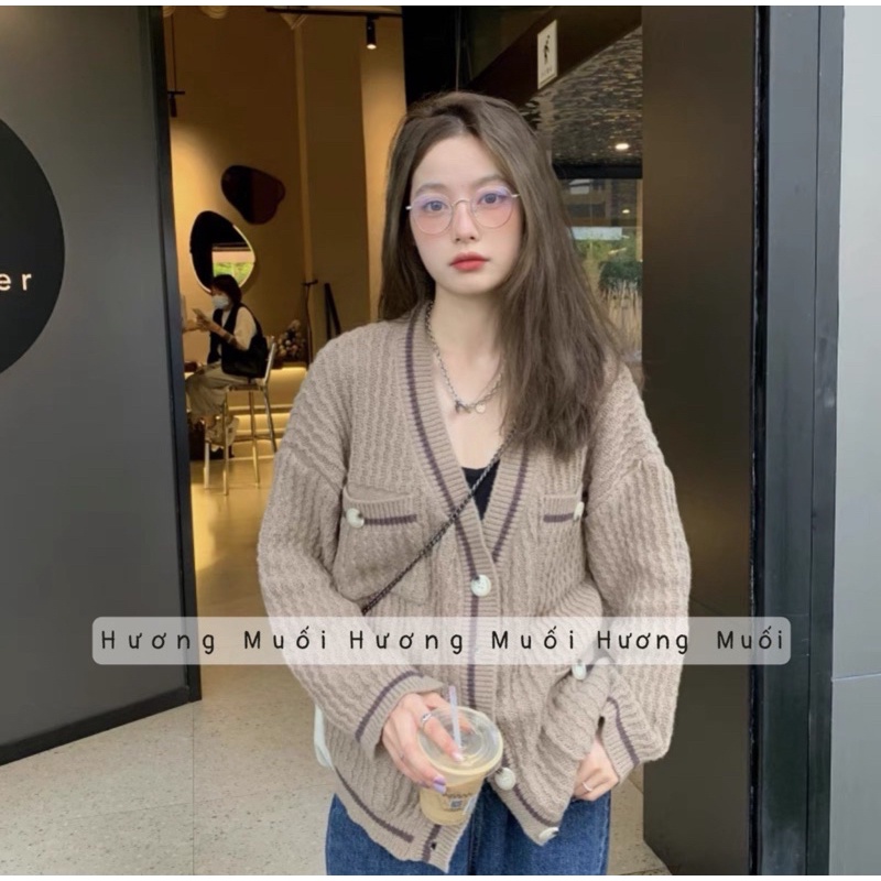 Áo cardigan len xốp khoác ngoài phối viền 4 túi