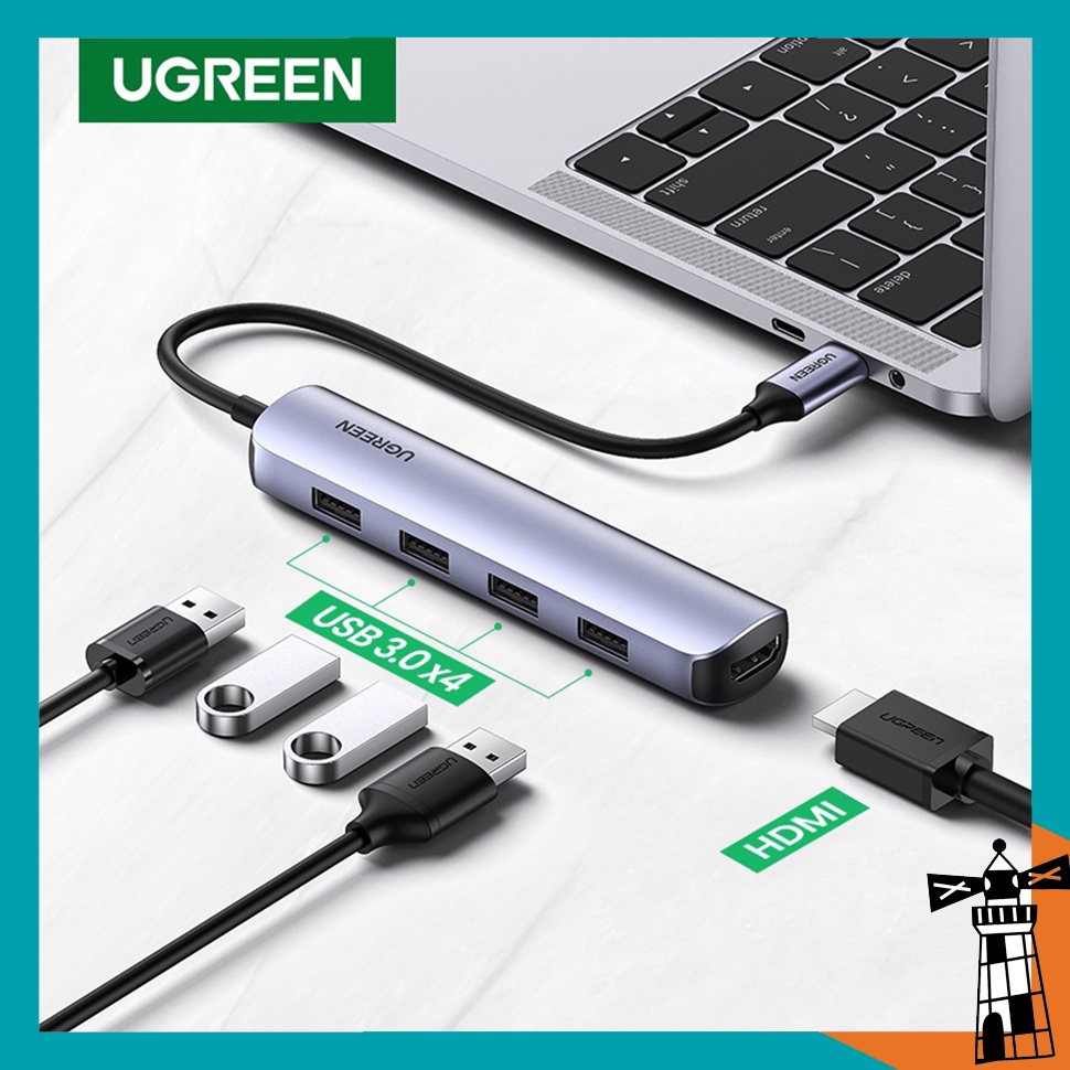 Cáp Chuyển Hub Ugreen 20197 5 in 1 Type C Ra 4 USB3.0 + HDMI Vỏ Nhôm Ultra Slim